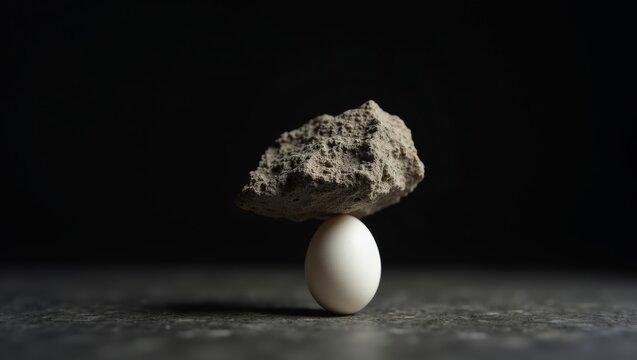 White egg balanced on a small rock against a dark background, showcasing a unique composition of natural elements in a minimalist setting