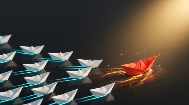 Red paper boat taking the lead ahead of white boats representing competitive advantage business leadership and innovative direction