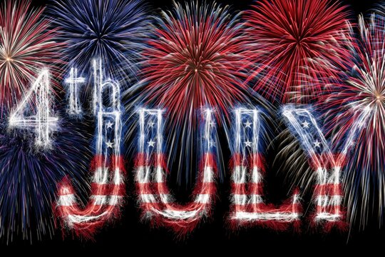 Explosive Fourth of July celebration with dazzling fireworks and patriotic text spelling out '4th July'.