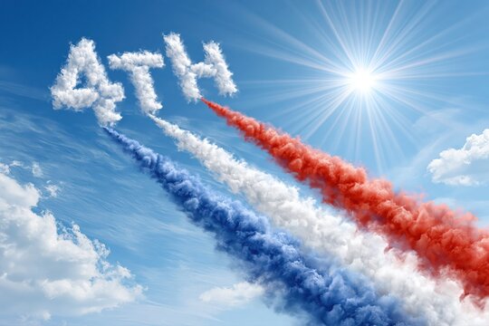 The letters ATH formed from clouds with red, white, and blue smoke trails against a bright sunny sky.