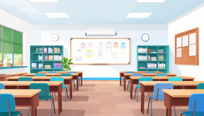 Modern School Classroom Vector Illustration, Educational Interior with Desks, Whiteboard and Learning Materials © Vita