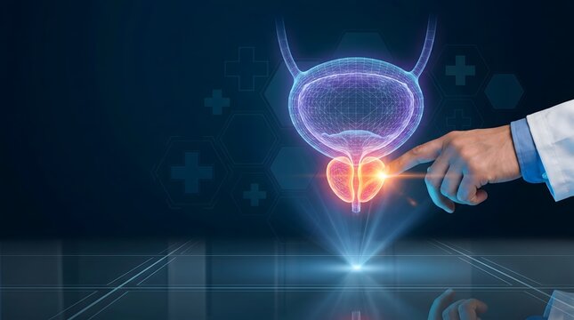 Medical professional examining glowing 3D prostate and urinary bladder hologram for modern urology and male healthcare concept