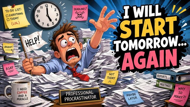 Overwhelmed office worker drowning in paperwork with funny procrastination and deadline stress