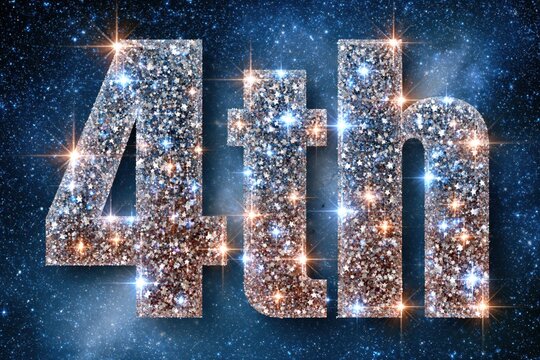 Sparkling 4th of July text with glitter and stars against a deep blue starry night sky background.