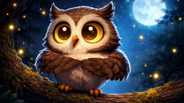 Cute cartoon owl with big eyes sitting on tree branch under moonlight in magical night forest