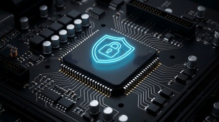 Fototapeta premium Cyber security concept featuring illuminated shield and padlock on central processing unit for safe data network encryption