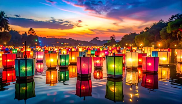 Colorful floating lanterns illuminate a calm water surface at dusk, reflecting the vibrant sky