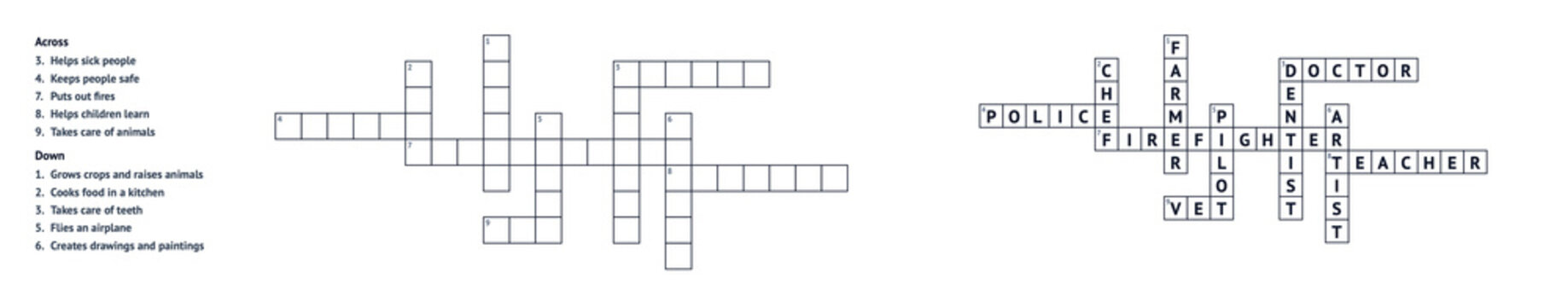 Crossword puzzles with empty grids and clues on paper background  