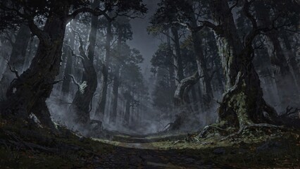 Naklejka premium Eerie dark forest landscape with ancient gnarled trees, thick atmospheric fog, and low moonlight creating a cinematic moody environment, perfect for fantasy horror concepts or mystical storytelling.