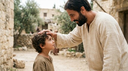 Obraz premium Jesus smiling and blessing a young child with his hand on the child's head, showing compassion and love in a historical setting