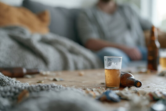 Relaxed person sits on couch, eyes closed. Beer glass stands half full, bottle lies beside it. Coffee table scattered with crumbs, empty wrappers, and debris. Soft light glows over muted tones of gray