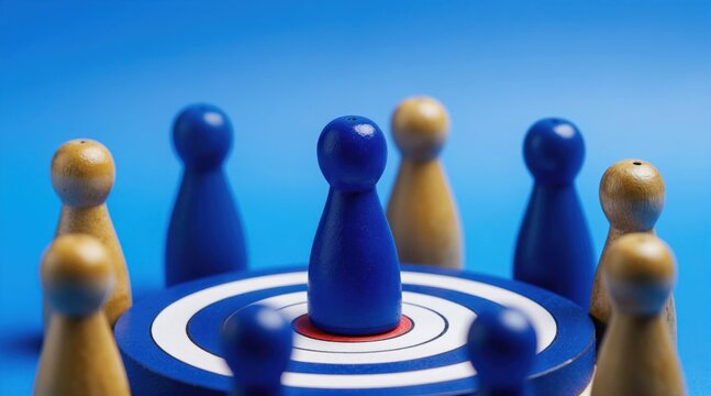 Team members surround central blue pawn on target board. Wooden figures gather around leader on dartboard. Business strategy, team cohesion, and goal achievement concept.