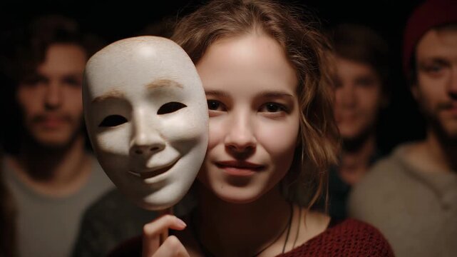 Woman smiling while holding a white face mask, symbolizing hidden emotions, social identity, authenticity, and the contrast between outward appearance and inner feelings.