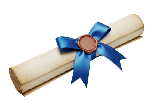 Old parchment scroll with blue ribbon and wax seal isolated on transparent background