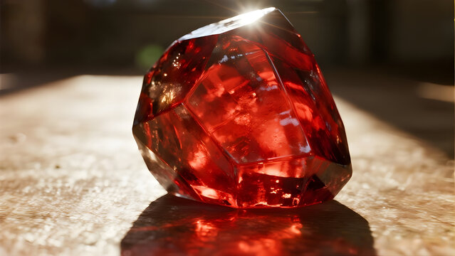 A large, beautifully faceted red gemstone rests on a wooden surface while catching a bright beam of natural sunlight at its top peak.
