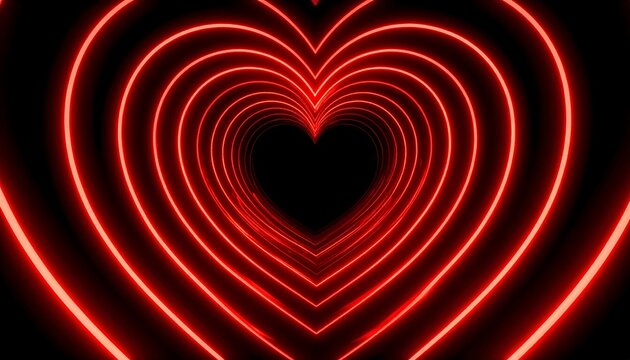 Concentric red neon hearts form a tunnel-like effect, set against a solid black background
