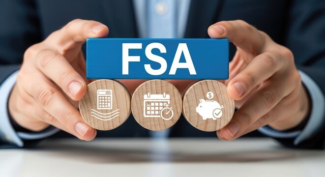 Hands holding FSA blocks with calculator calendar piggy bank icons for financial planning and savings concepts