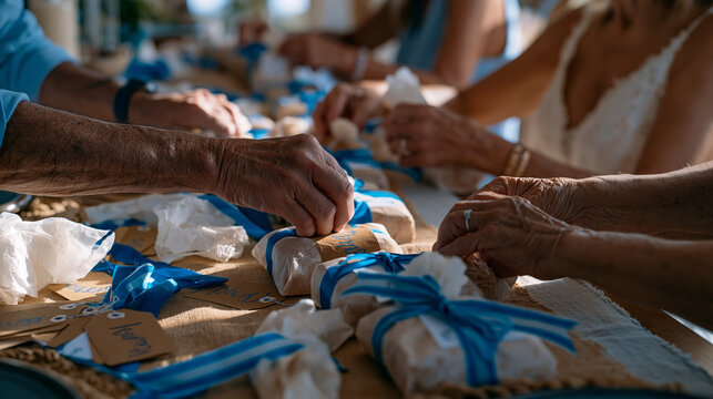 Wedding favor assembly line in progress with hands of multiple family members stuffing small gift bags at a cluttered dining room table, tags, ribbons, and tissue paper
