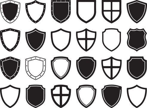 Shield icons, black and white shield shapes, crest designs, security symbols, 25 heraldic emblems