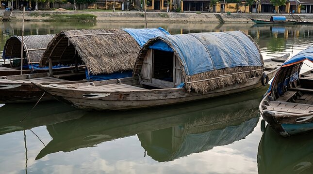 Traditional wooden boats with thatched roofs moored on the thu bon river in the ancient town of hoi an, vietnam