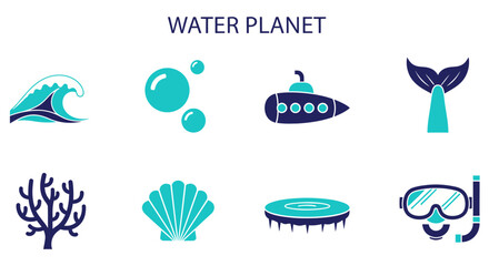 A grid of eight icons featuring aquatic themes like a wave bubbles a submarine a fish tail coral a shell a buoy and a snorkel © Agung