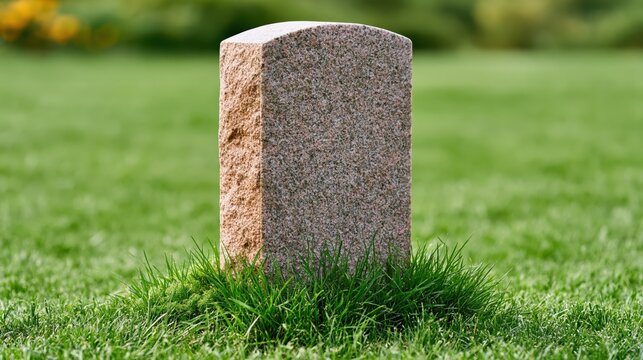 A solitary granite headstone stands alone in a field of green grass
