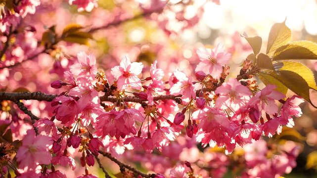 Close up cinematic sliding shot of delicate pink cherry blossoms forming a dense floral pattern in soft spring sunlight