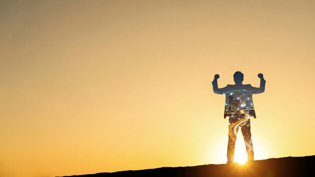 Golden Sunset Silhouette of Businessman Raising Fists in Victory Double Exposure with City Network Evoking Success Perfect for Corporate Strategy Recruitment Advertising and Vision Presentations