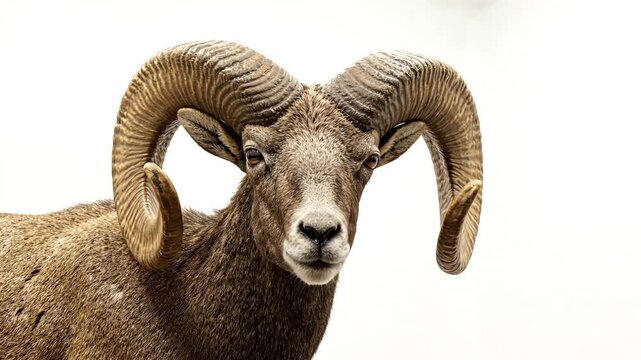 Close up of a bighorn sheep ram head with large spiraling horns moving slowly on a bright white studio backdrop