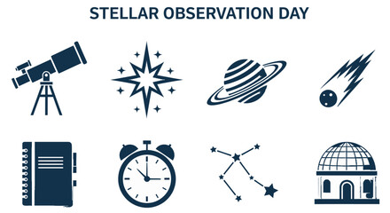 An infographic titled STELLAR OBSERVATION DAY with eight icons a telescope star planet comet notebook alarm clock constellation and observatory dome © Agung