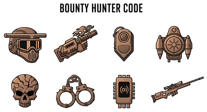 Coppercolored icons representing bounty hunter gear arranged in two rows on a white background