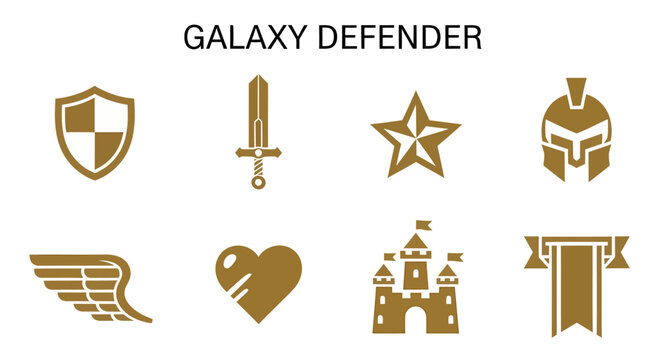 Eight goldcolored icons on a white background under the text GALAXY DEFENDER Icons depict a shield sword star helmet wing heart castle and banner