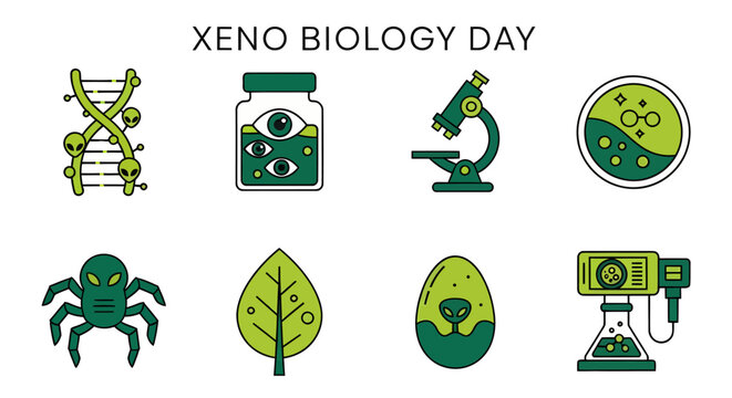 Eight greentoned flat vector icons for Xeno Biology Day including DNA specimens microscopes and alien life