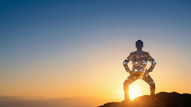 Radiant Sunrise Silhouette of Businessman in Power Stance on Mountain Peak Double Exposure City Network Evoking Success Perfect for Corporate Strategy Recruitment Advertising and Vision Presentations