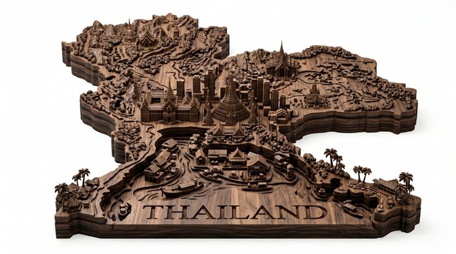 Intricate Wooden Map of Thailand Featuring Landmarks and Cultural Elements.