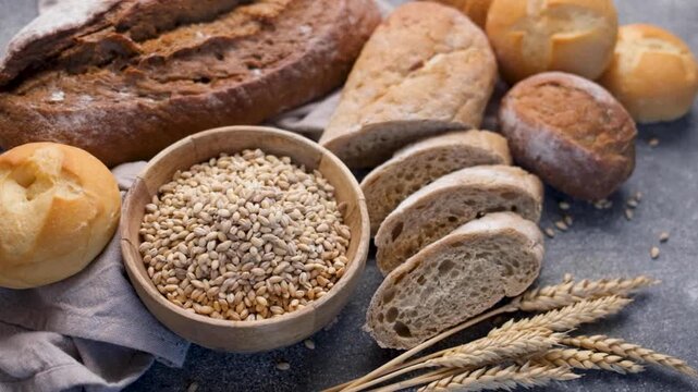 Fresh baked bread assortment and wheat grains