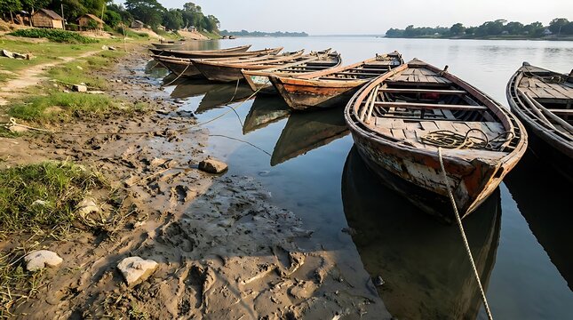 Traditional wooden boats moored on the muddy bank of the ganges river in west bengal, india at sunset