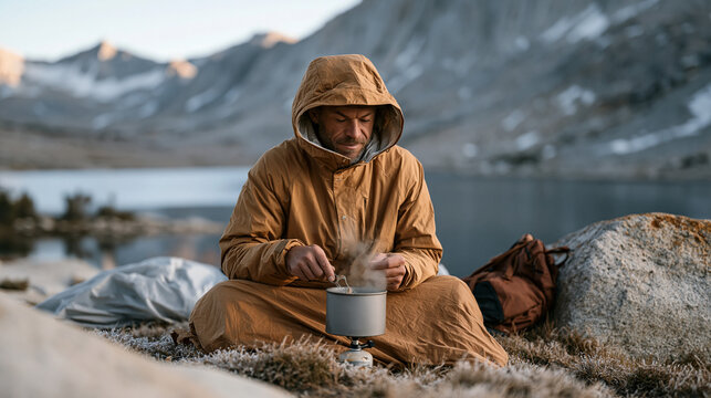 Wild camper boiling water on a canister stove at a remote alpine lake camp at first light, bivy bag visible behind, pack leaned against a boulder, frost on the grass around the