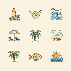 Obraz premium Summer Vacation Icons: Surfboard, Beach, Palm Trees, Ocean Waves, Sun, Aloha Hand