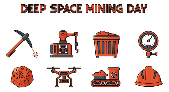 Icons of deep space mining equipment including a pickaxe drill ore bin gauge asteroid drone rover and helmet