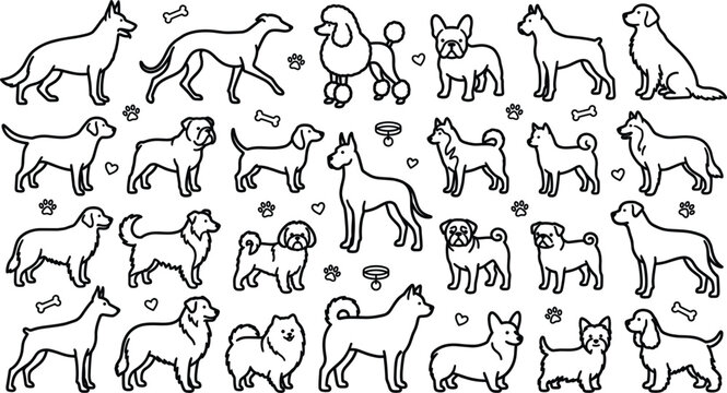 Dog breeds line icon set featuring retriever poodle bulldog husky shepherd pug corgi shih tzu and corgi outlines