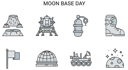 Set of eight lineart icons related to lunar exploration on a white background © Agung