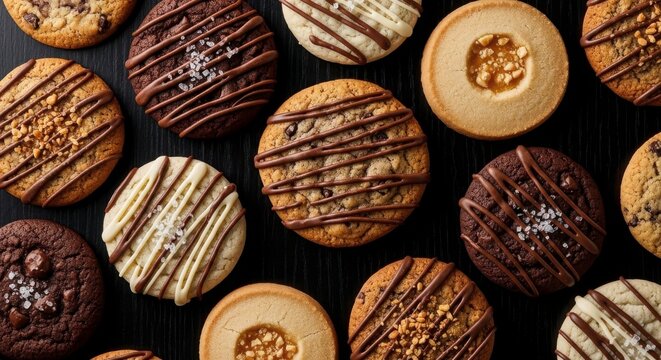 Assorted cookies with various toppings and drizzles on a dark surface dessert chocolate drizzle