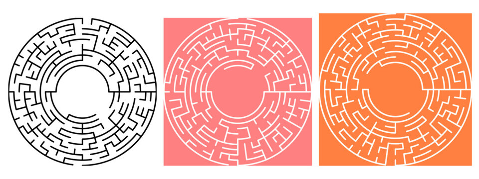 Round maze isolated on white, pink, and orange backgrounds. Circle labyrinth. Circle Maze Game Vector illustration. Maze labyrinth isolated on background