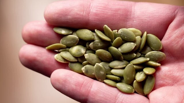 Handful of organic green dried pumpkin seeds held in an open palm. Raw plant based nutrition rich in vitamins.