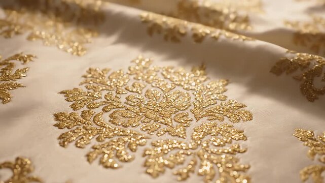 Luxurious gold damask floral pattern on ivory silk fabric with shimmering leaf details and elegant lighting
