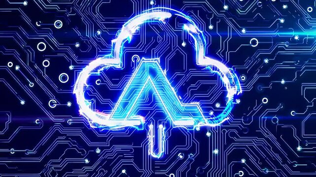 Cloud technology symbol with circuit background. Digital connection concept shows cloud computing and data storage. Bright neon colors create futuristic atmosphere. Modern tech environment.