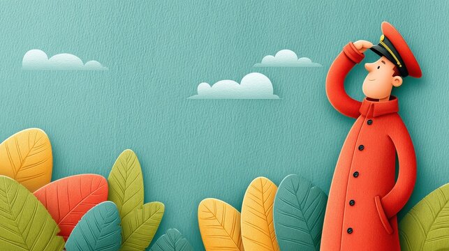 Colorful Cartoon Man in Red Coat Against Leafy Background Illustration