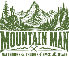 Obraz premium Mountain Man Outdoor Adventure Vector Illustration with Mountains Forest and Waterfall