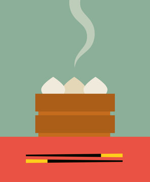 Steamed Dumplings in Bamboo Basket with Chopsticks